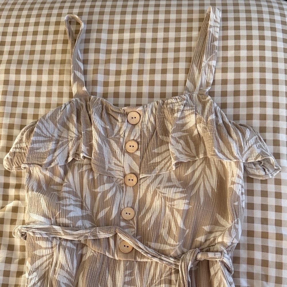 Tan Leaf-Print Button Front Sundress capri romper